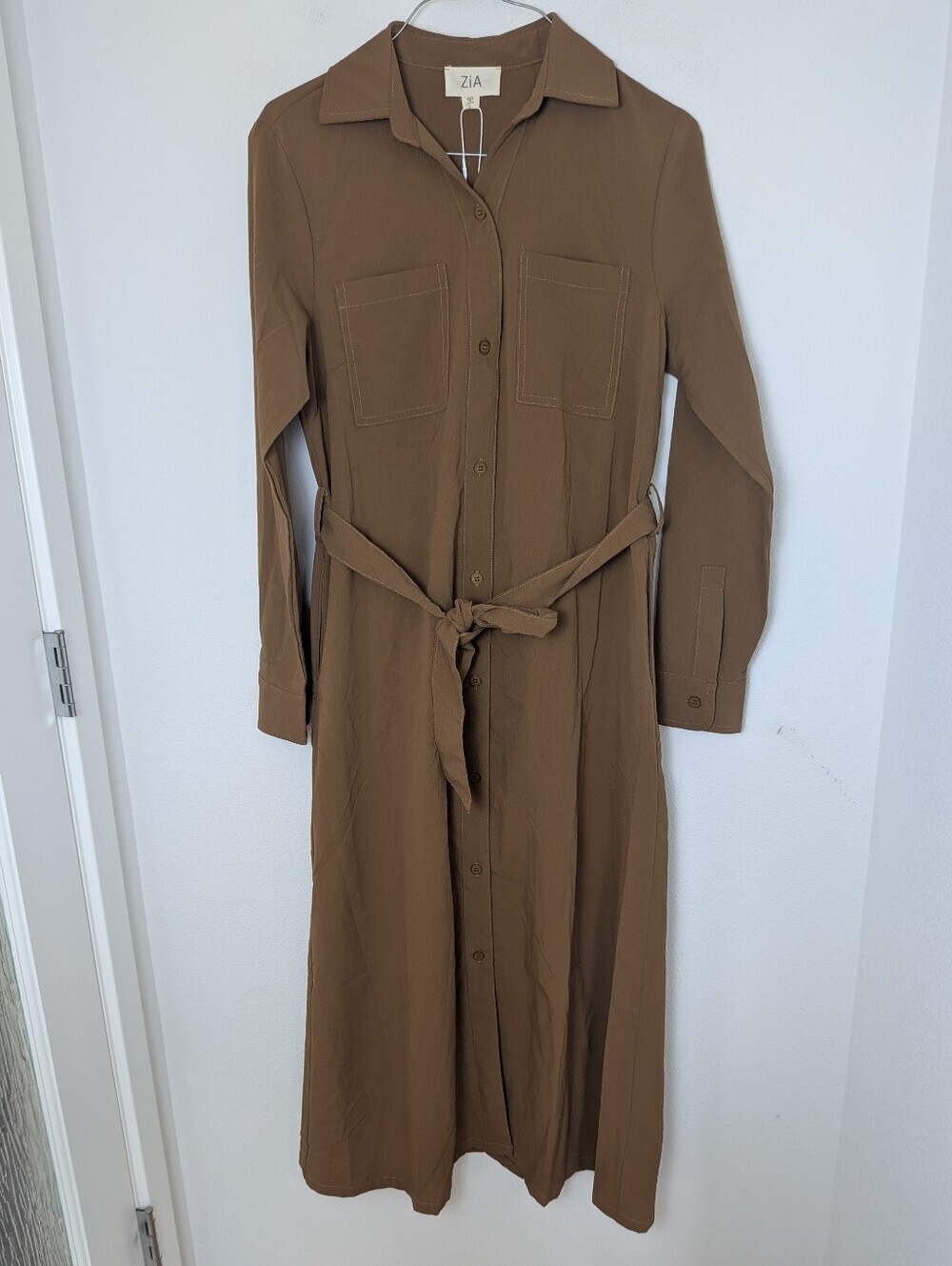 Zia Maxi Shirt Dress Women’s Long Sleeve Front Button Belted Pockets Brown Sz S